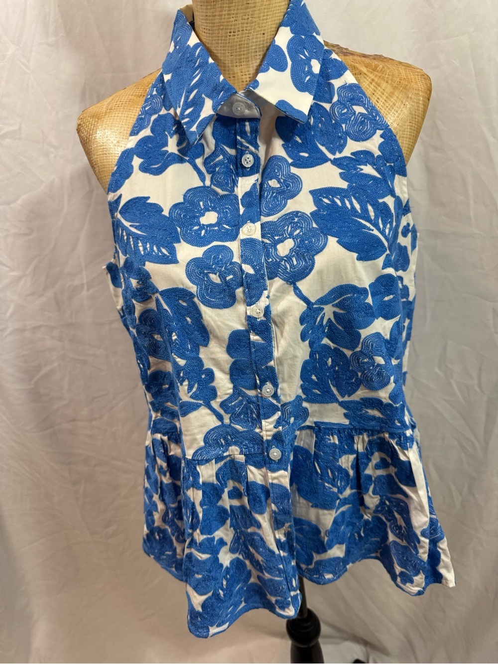 kate spade White and Blue Floral Halter Button-Front Top XL